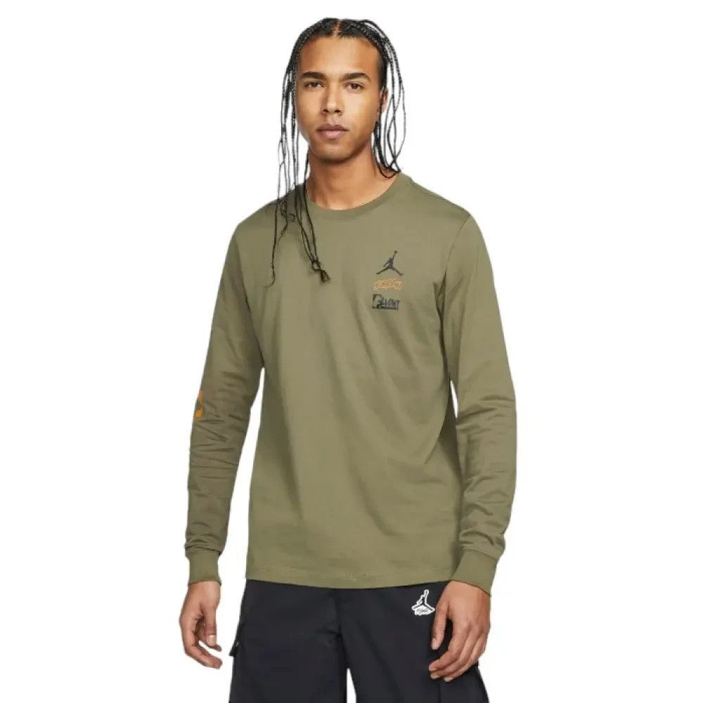 Air Jordan Mens Flight Long Sleeve Olive Green Graphic Print Tee T-shirt Sz S
